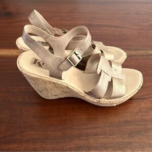 Korks by Kork-Ease Strappy Gold Leather Cork Wedge Heels Sandals Size